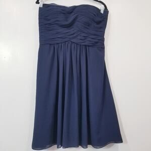 Monique Lhuillier Bridesmaid Navy Blue Strapless Pleated Chiffon Mini Dress